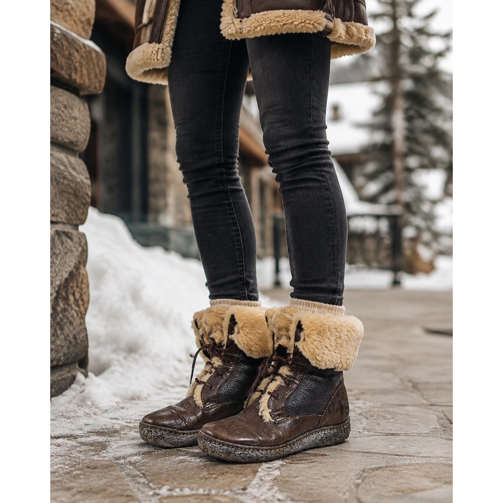 Born Brown Leather Shearling Cuff Lace Up Boots Women's Size 9